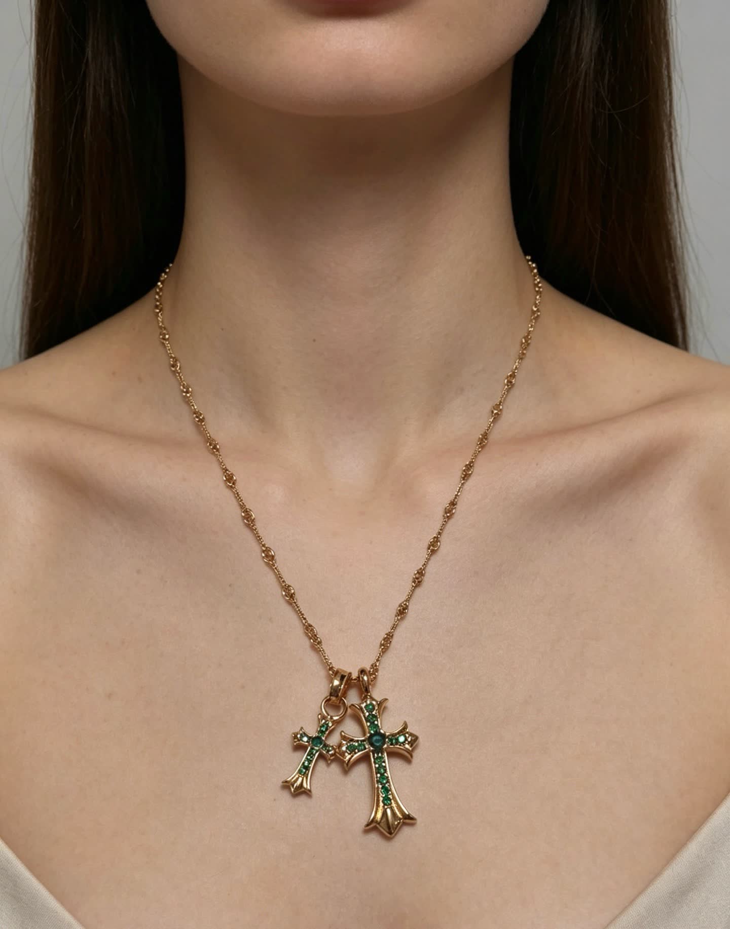 Chrome Hearts Gold Plated Rosary Necklace with Emerald Cross